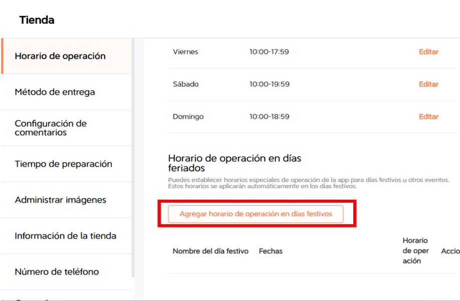 Ajustar horario festivo paso 1