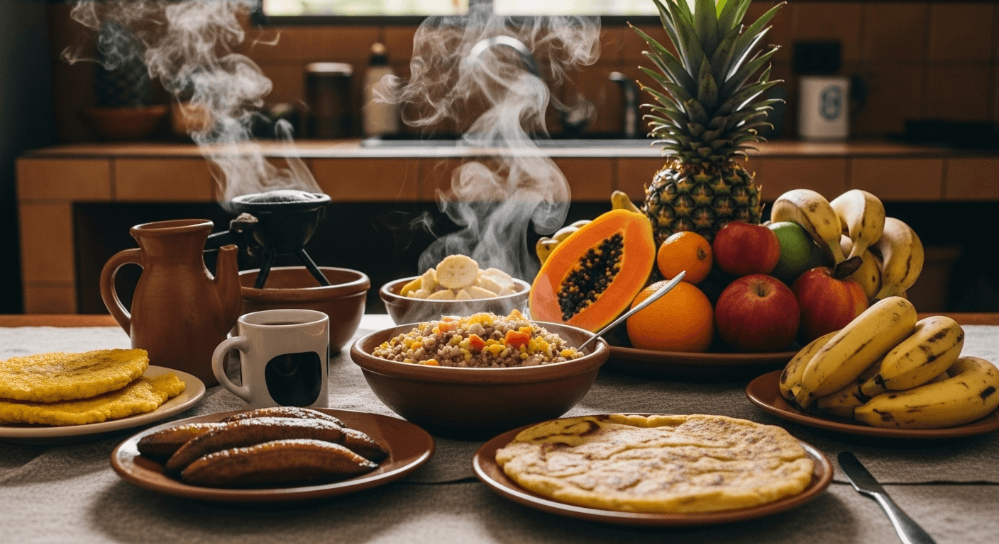 Mesa tradicional costarricense con gallo pinto humeante, chorreada recién hecha, plátano maduro, café chorreado y frutas tropicales (piña, papaya, banano). Fondo de cocina rural con luz natural de la mañana. Fotografía realista horizontal (1920×800), estilo editorial cálido, con atmósfera hogareña y espíritu pura vida.