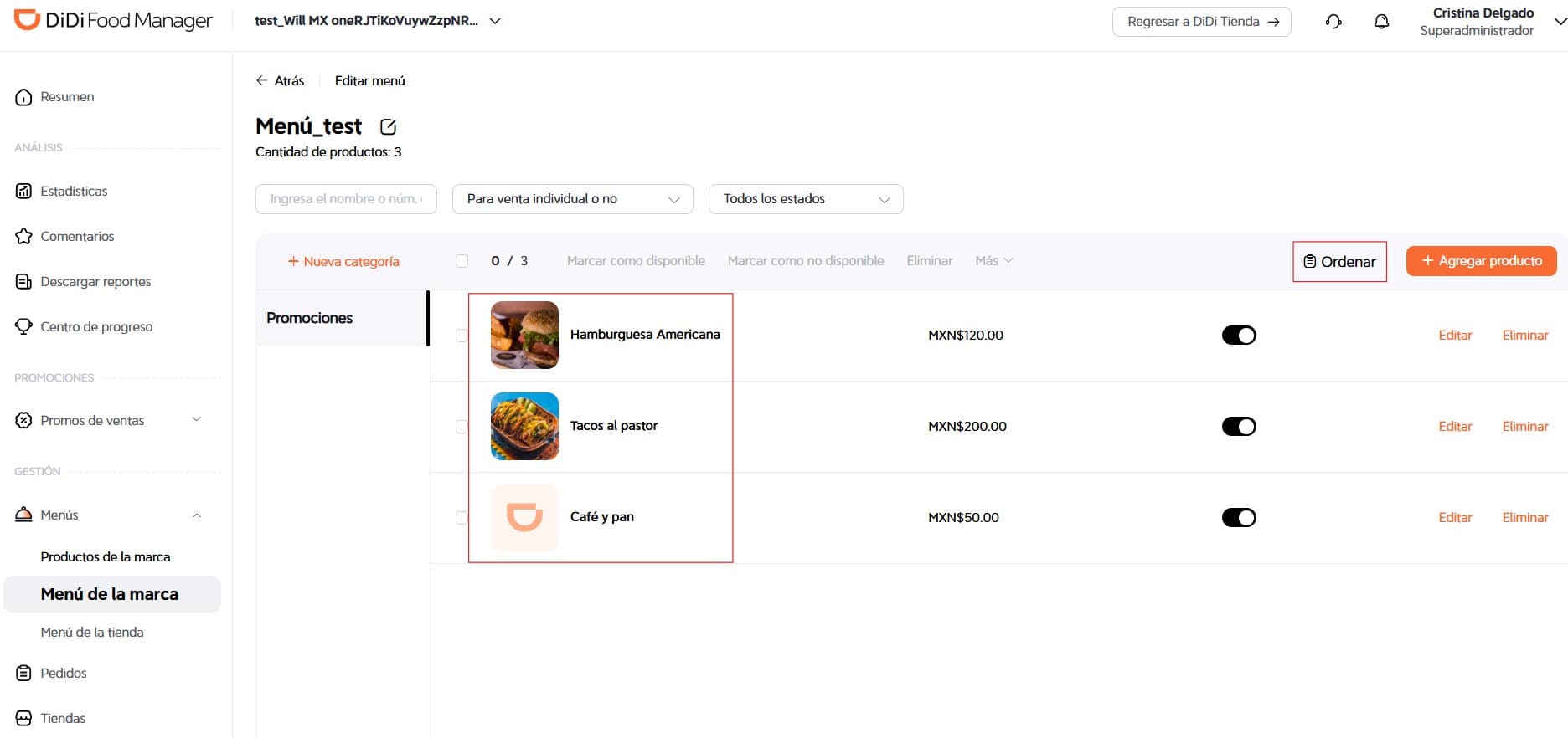 Ajustar orden de los platillos DiDi Food Manager