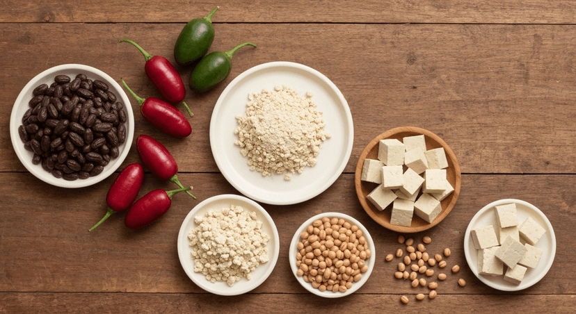 Composición flat lay con ingredientes vegetales colombianos ricos en proteína: fríjoles rojos antioqueños, arvejas secas, garbanzos y tofu. Fondo de madera rústica con manteles tejidos típicos, colores cálidos y naturales. Luz suave, estilo documental gastronómico con enfoque en frescura y diversidad.