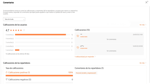 DiDi Tienda menú de comentarios