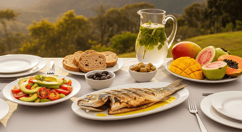 Mesa colombiana al aire libre con platos estilo mediterráneo elaborados con ingredientes locales: robalo a la plancha con aceite de oliva, ensalada de aguacate y tomate, pan integral, aceitunas, frutas tropicales (mango, guayaba, papaya) y una jarra de agua con hierbas. Fondo con vegetación andina y luz dorada de mañana. Fotografía realista horizontal (1920×800), estilo editorial limpio, tonos cálidos, sensación de bienestar y frescura.
