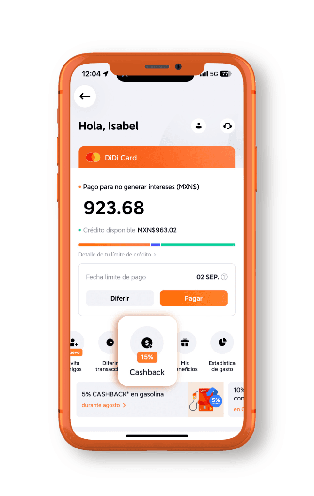 Aplicación DiDi Card Botón Cashback