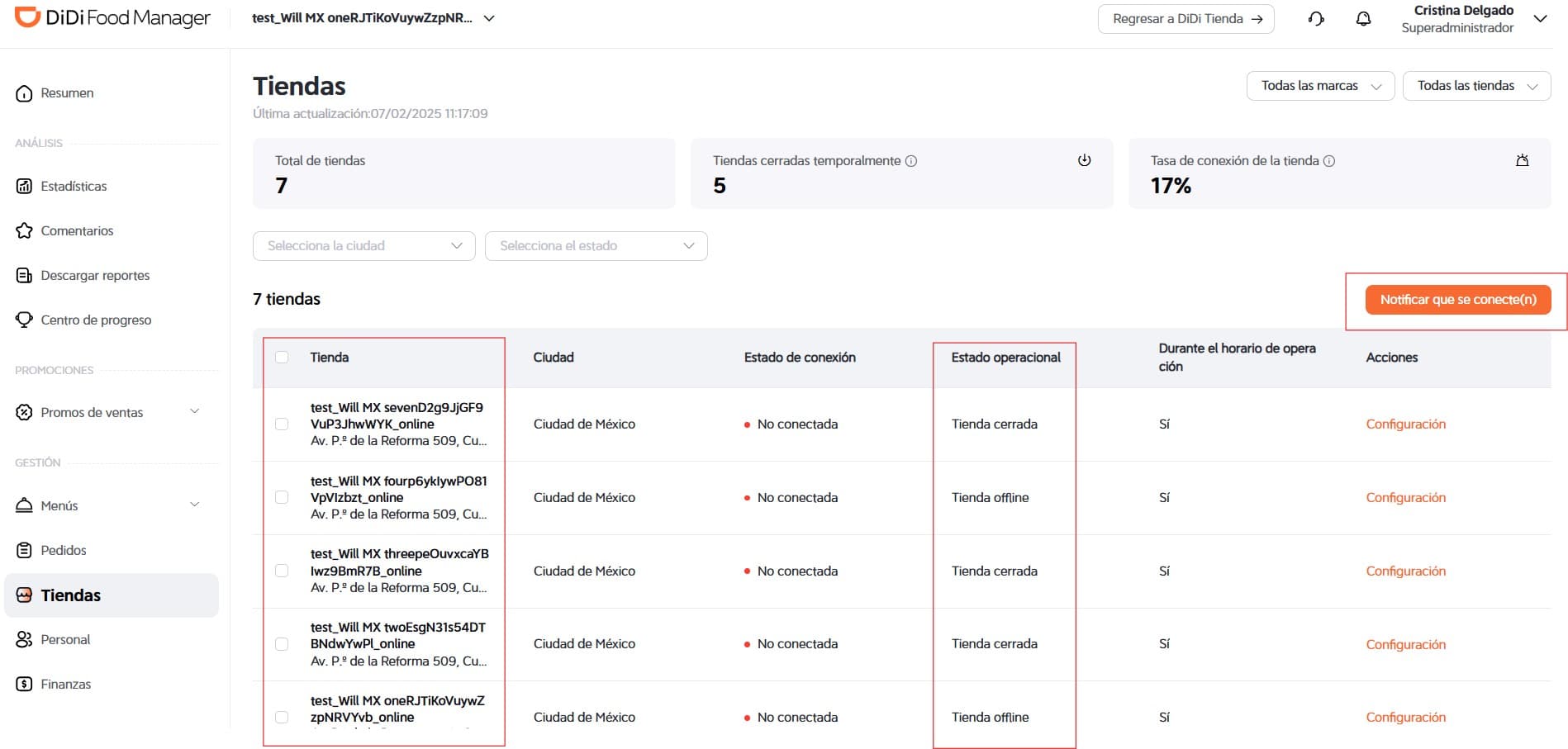 Botón ‘Notificar que se conecten’ DiDi Food Manager