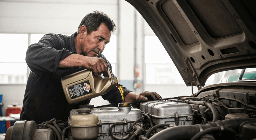 Mecánico vertiendo uno de los tipos de aceite para motor a diésel en el motor de un vehículo, durante una rutina de mantenimiento en el taller.