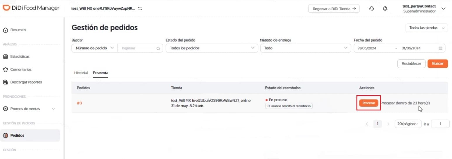 Opción "Postventa" DiDi Food Manager