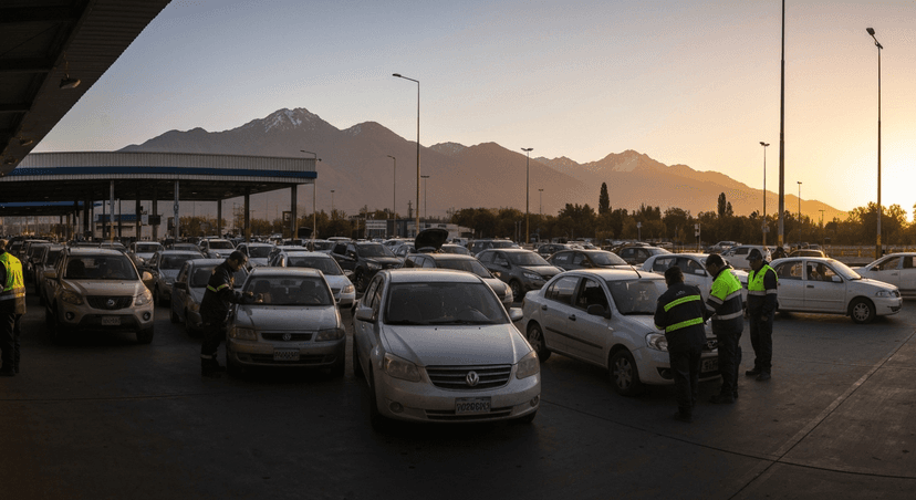 Imagen panorámica de una Planta de Revisión Técnica (PRT) en Chile al atardecer, con vehículos en fila esperando su turno, técnicos con chalecos reflectantes realizando inspecciones, y la cordillera de los Andes al fondo. Refleja el contexto chileno y la importancia del proceso de revisión.
