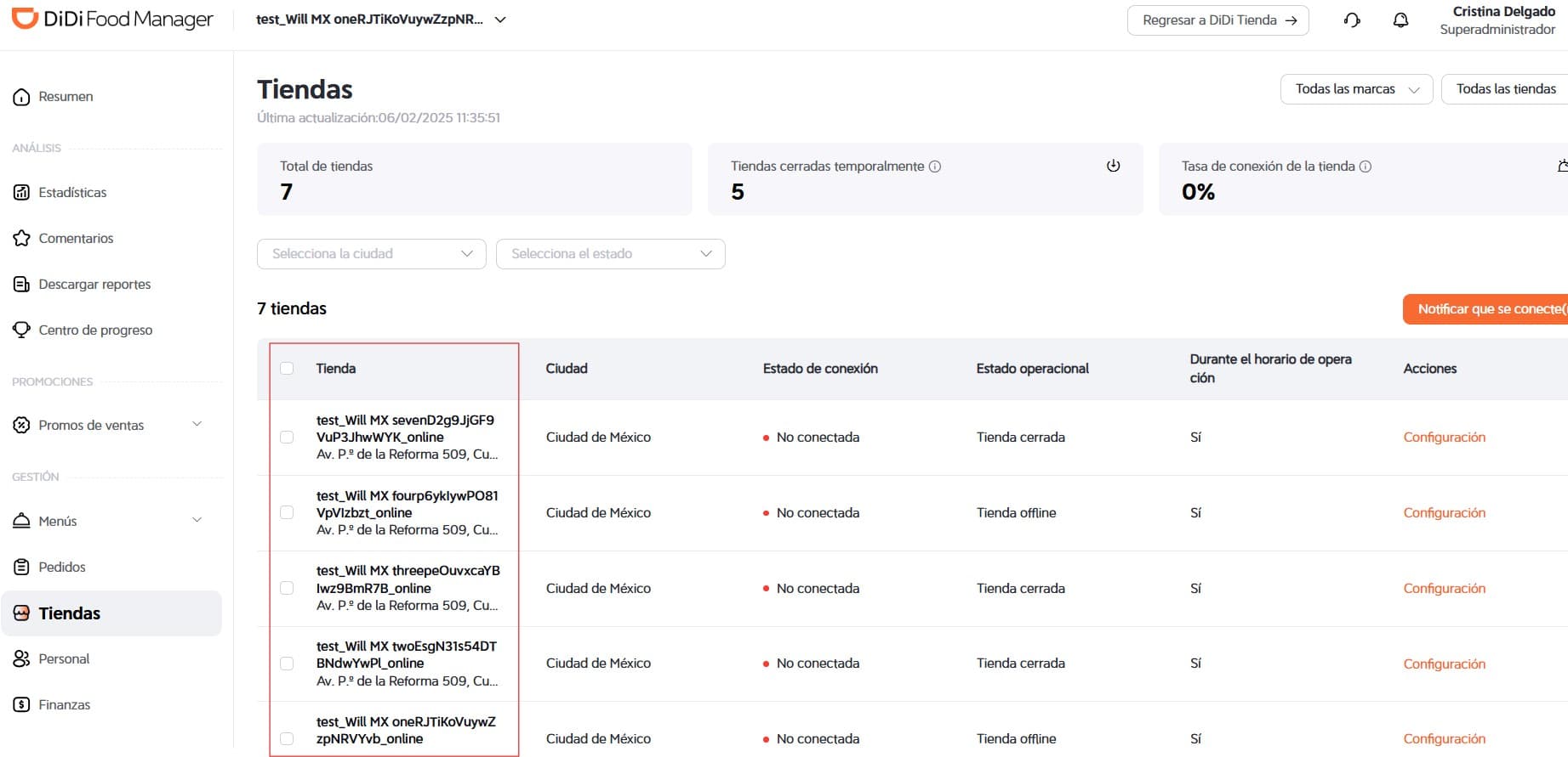 Sucursales registradas DiDi Food Manager