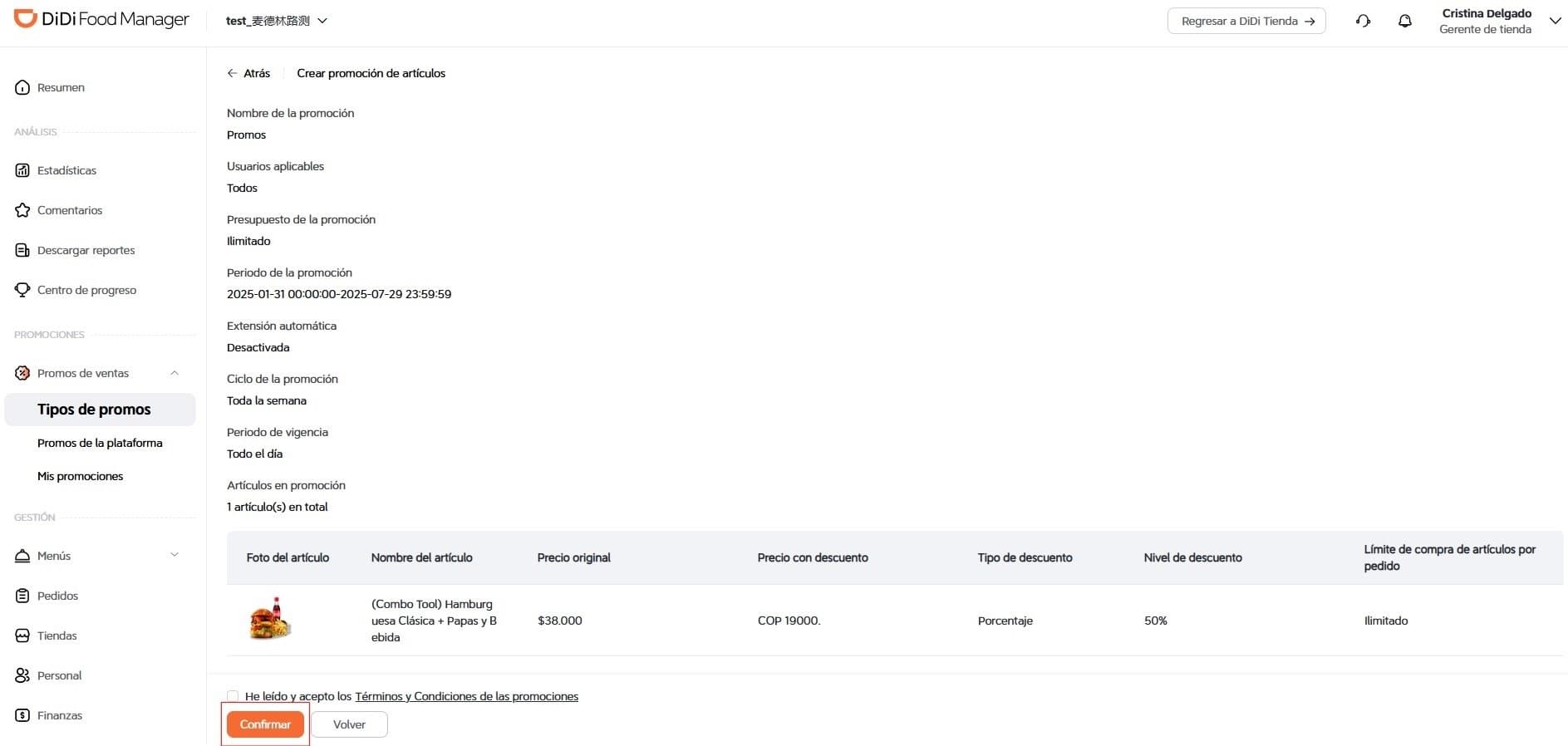 Confirmar parámetros de la promoción DiDi Food Manager