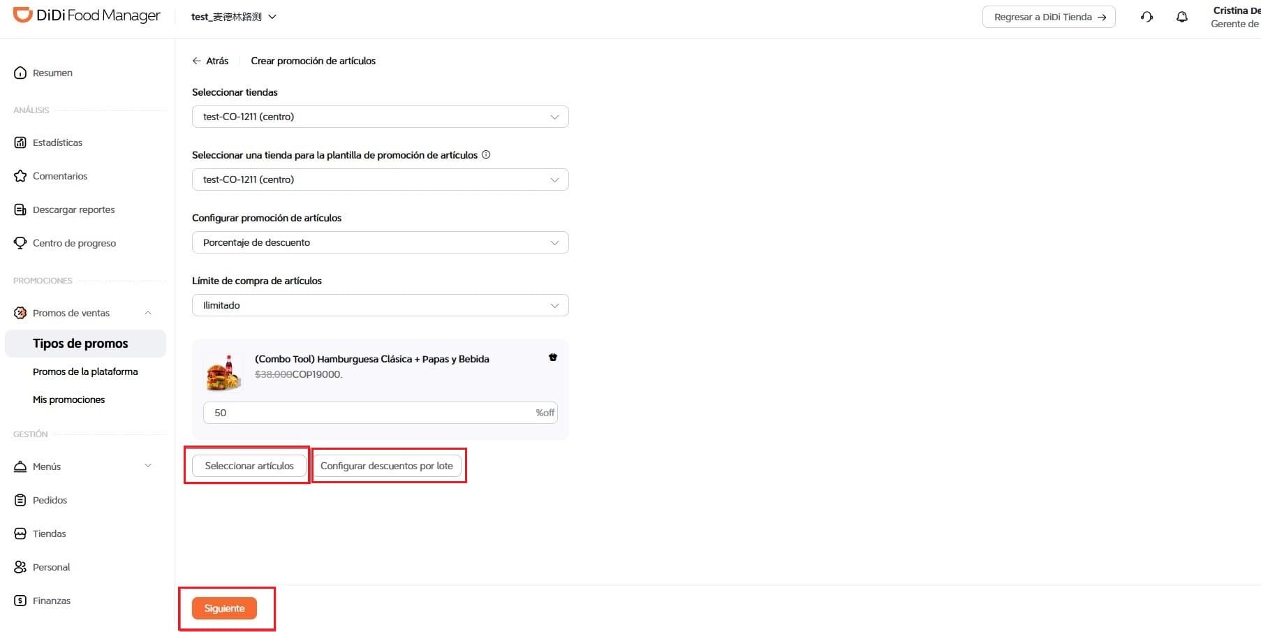 Sumar más artículos a la promoción DiDi Food Manager