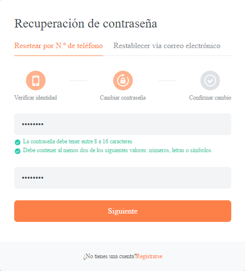 DiDi Cuenta confirmar nueva contraseña