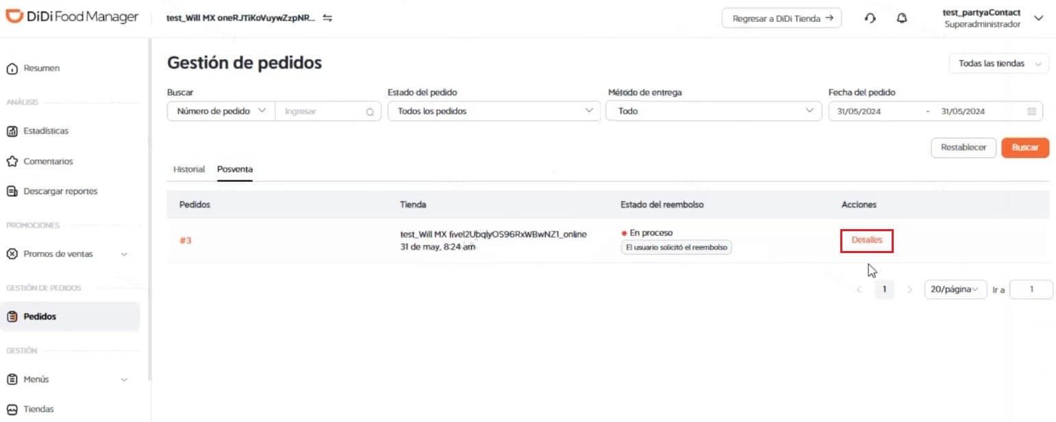 Opción "Detalles" de la tarea trabajada DiDi Food Manager