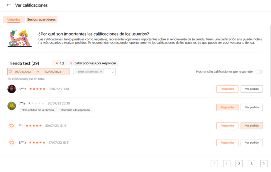Aprende como revisar las calificaciones positivas y negativas de tus usuarios y de los repartidores de acuerdo a su experiencia de compra en tus tiendas.