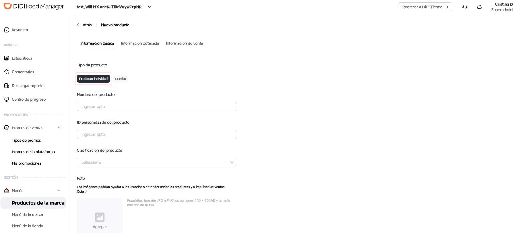 Opciones: "Producto individual" o "Combo" DiDi Food Manager
