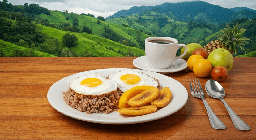 Composição vibrante de um desayuno costarricense tradicional servido em mesa de madera rústica, con luz natural tropical. En primer plano, un plato de gallo pinto con huevos, aguacate y plátano maduro frito, acompañado de taza de café chorreado. Fondo difuminado con frutas tropicales y paisaje verde de montaña costarricense. Estilo fotográfico realista, colores cálidos y naturales, atmósfera fresca y acogedora que evoque la “pura vida”.