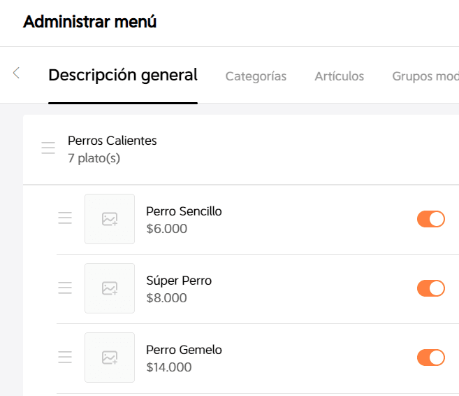 DiDi Tienda menú de Administrar menú