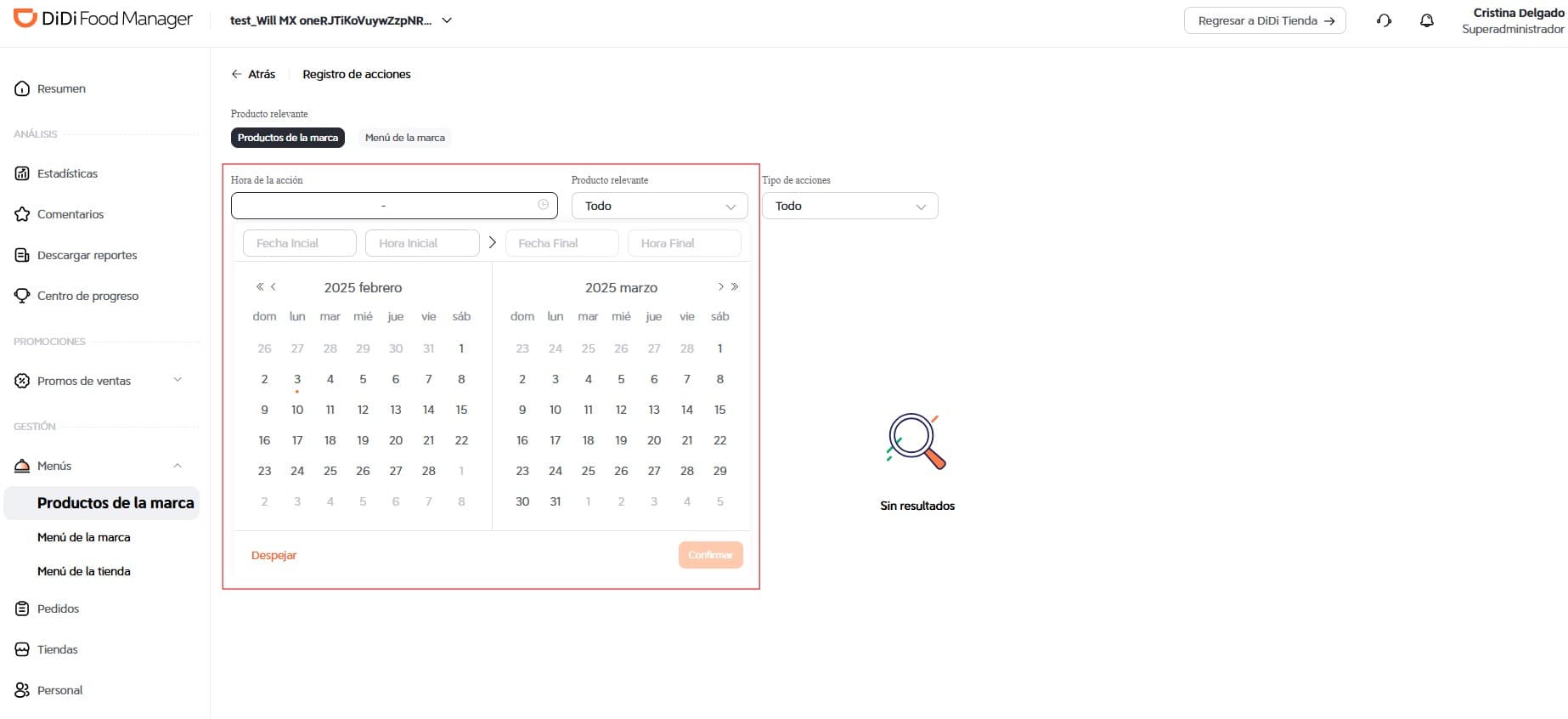Filtrar por fechas DiDi Food Manager