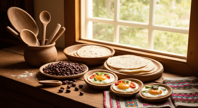 Mesa rústica mexicana con fondo colorido y texturas tradicionales. En el centro, un plato de frijoles negros, tortillas de maíz recién hechas y huevos rancheros decorados con chile y aguacate. En segundo plano, utensilios de barro, textiles bordados y luz cálida natural. Fotografía realista tipo editorial gastronómico, con sensación de orgullo cultural y energía ancestral.