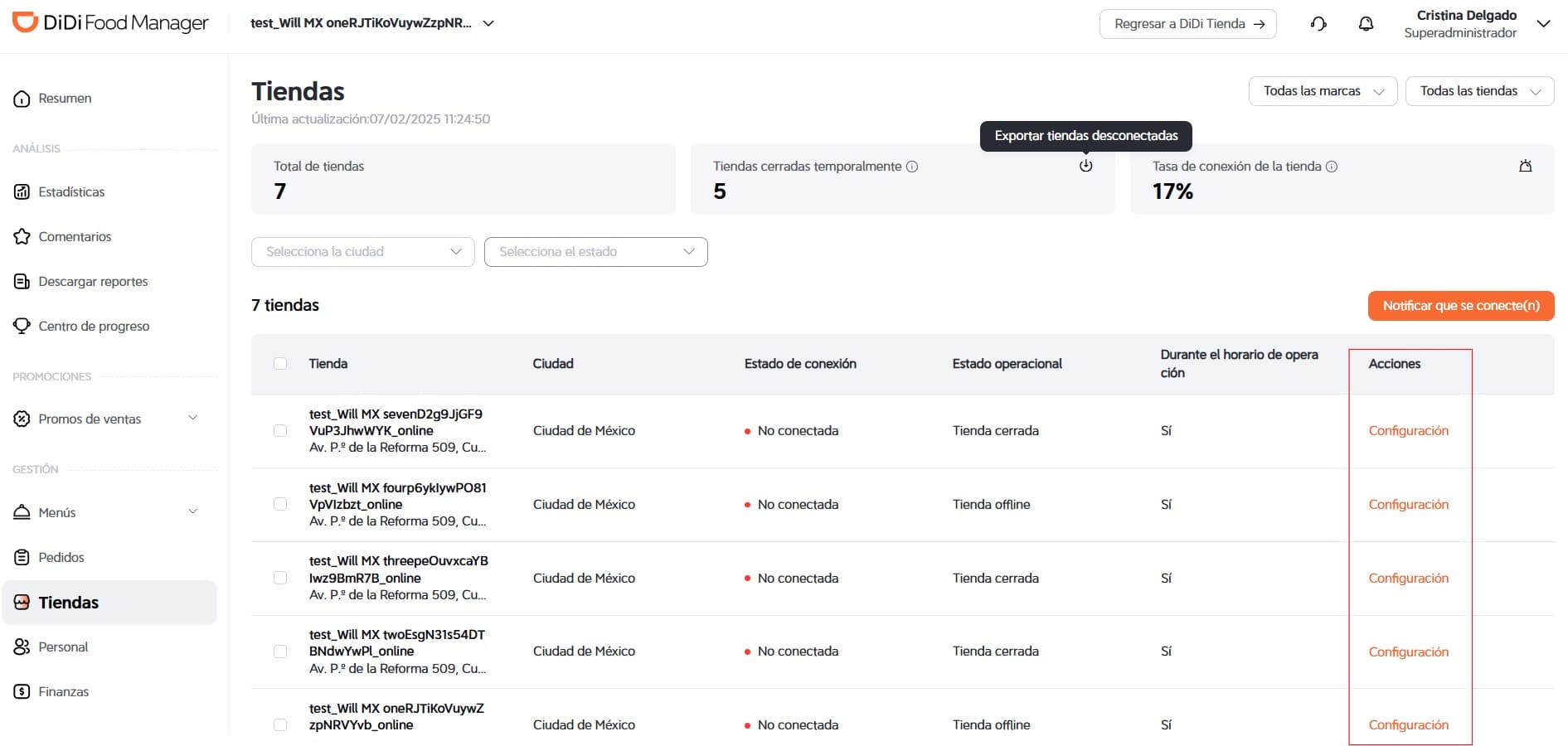 Botón de "Configuración" DiDi Food Manager