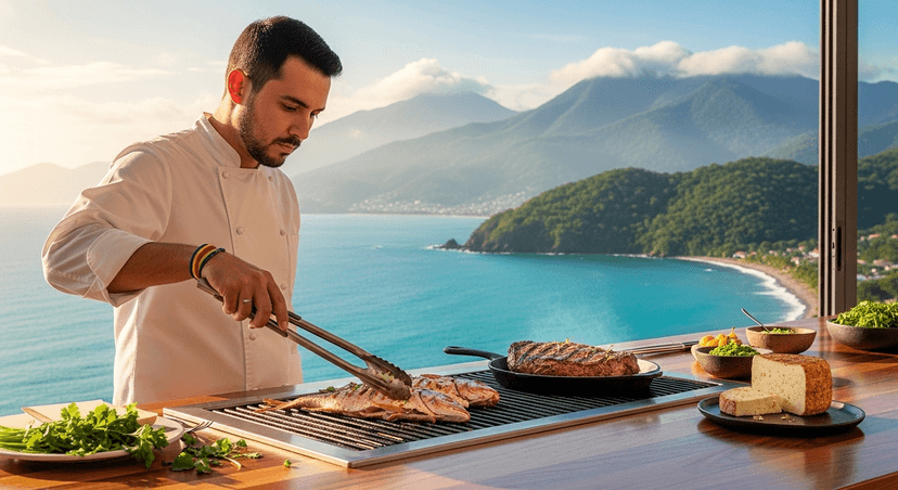 Escena culinaria con chef colombiano preparando pescado a la plancha junto a carne asada y queso costeño. Fondo con vista al mar Caribe y montañas andinas en segundo plano. Luz cálida, estilo realista que combine tradición y modernidad culinaria colombiana.
