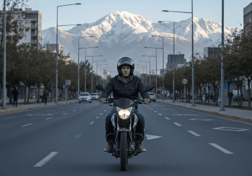 Fotografía realista de un repartidor en moto con casco y chaqueta, conduciendo por una avenida moderna de Santiago con los Andes al fondo. Luz de mañana, tonos azules y naranjas. Enfocar la sensación de seguridad y progreso, sin mostrar logos ni marcas específicas.