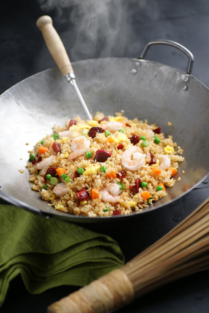 Arroz chino frito recién preparado