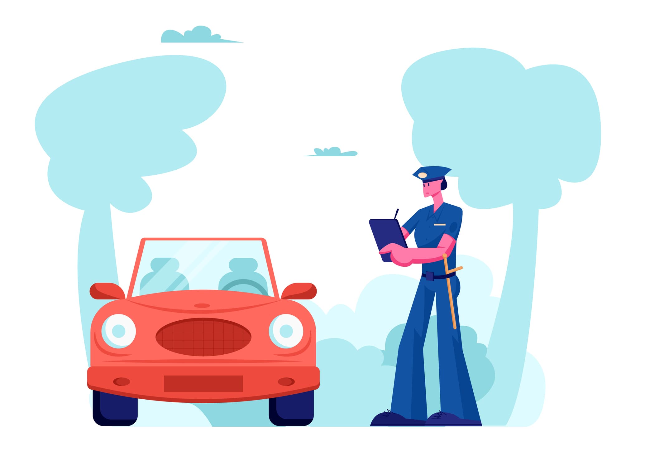 Policía multando, carro rojo