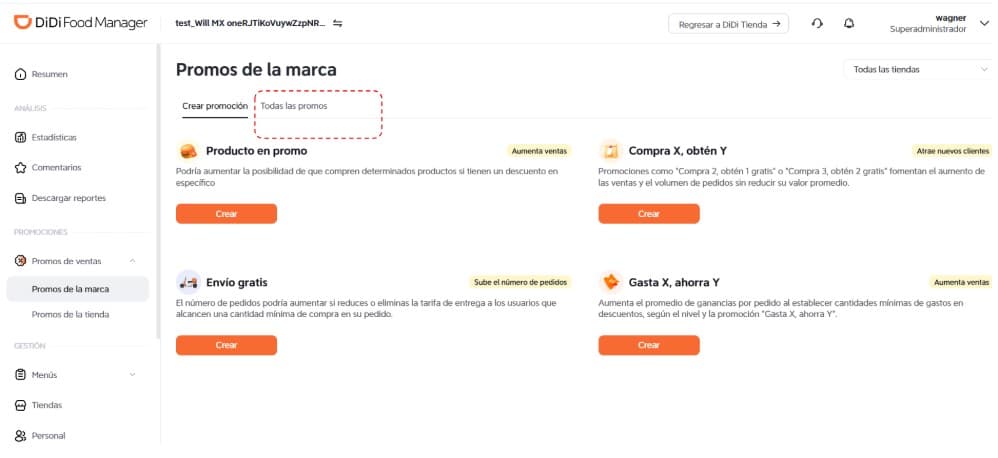 Ver todas las promociones creadas DiDi Food Manager