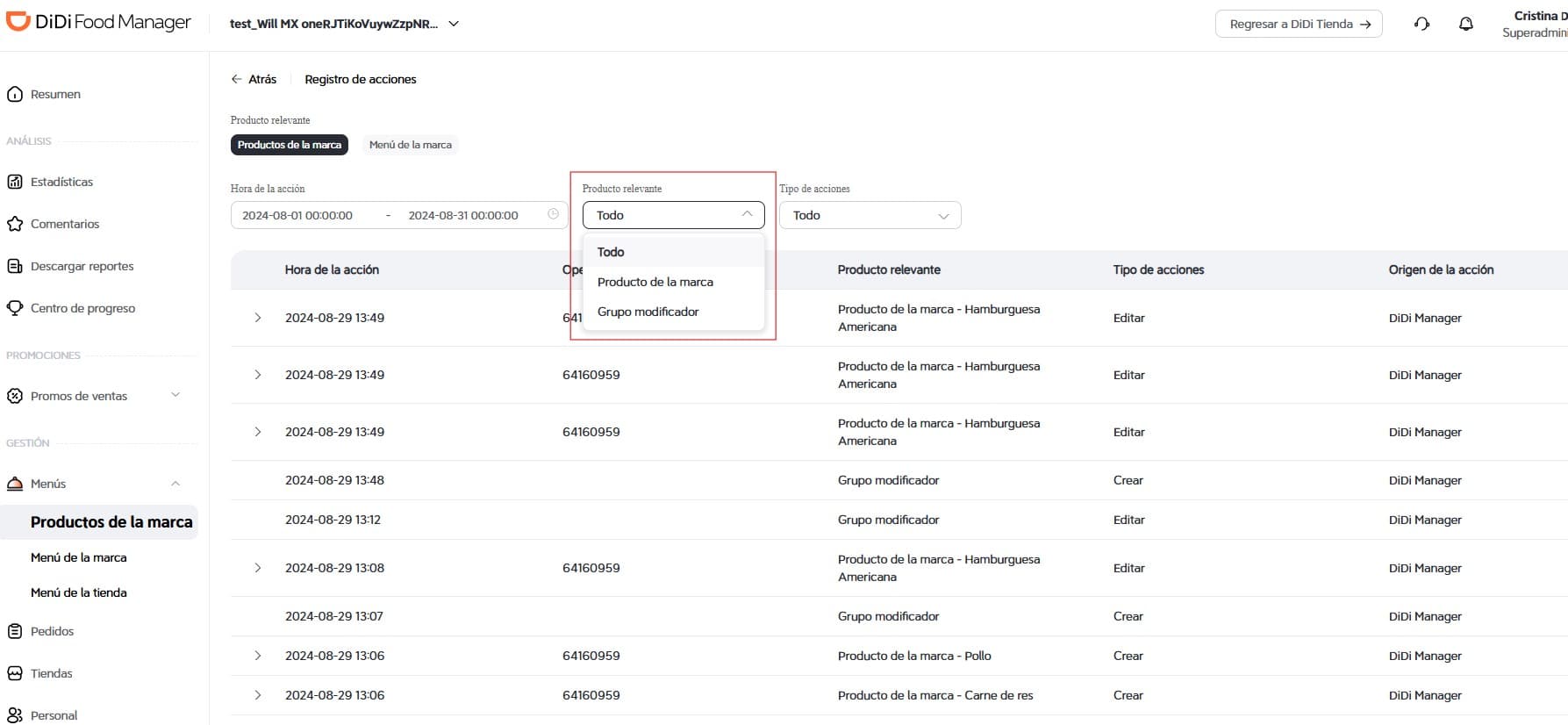 Filtrar por Producto relevante DiDi Food Manager
