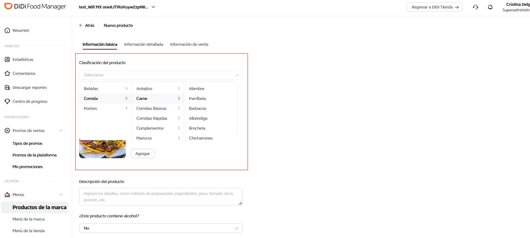 Asignar información producto DiDi Food Manager