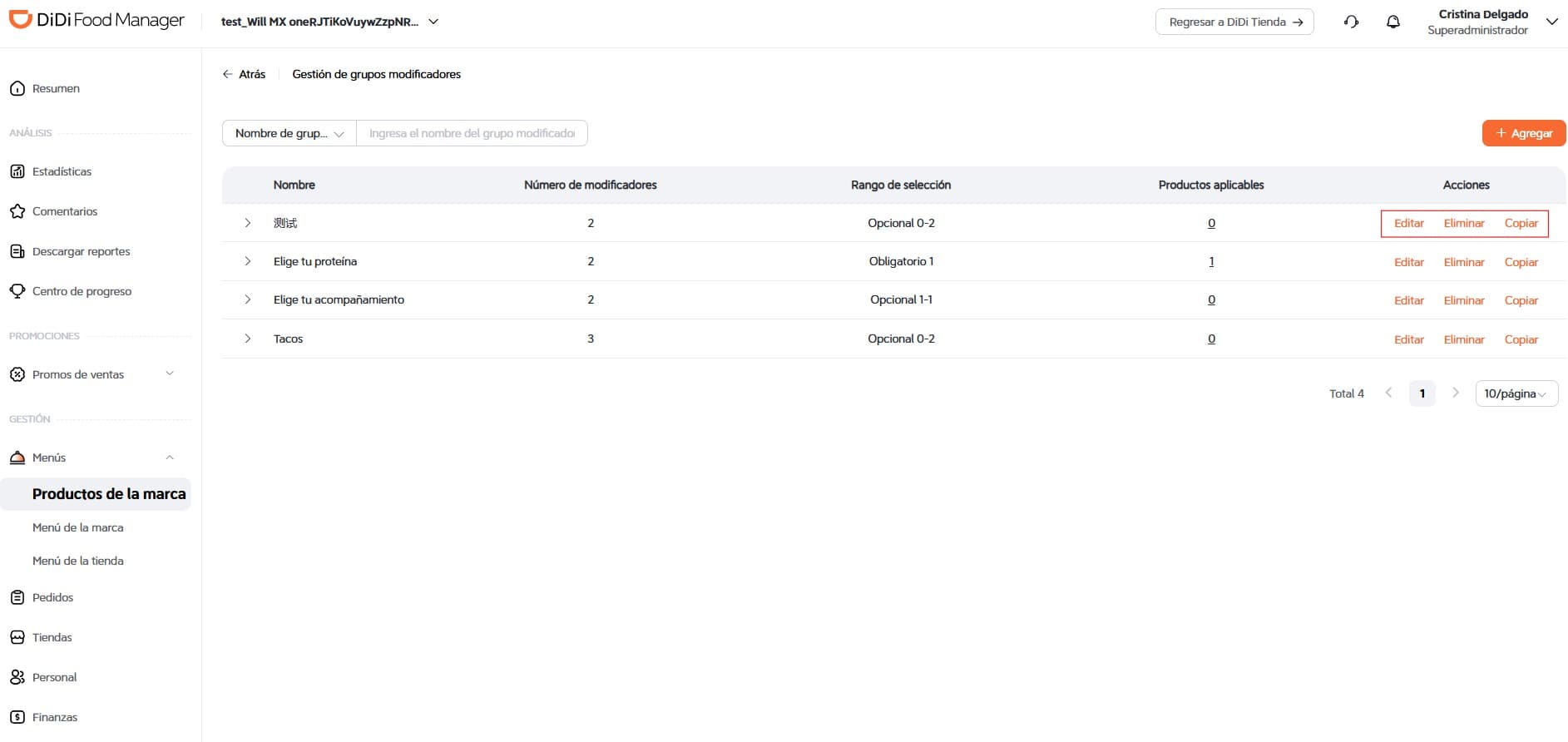 Gestión de grupos modificadores DiDi Food Manager