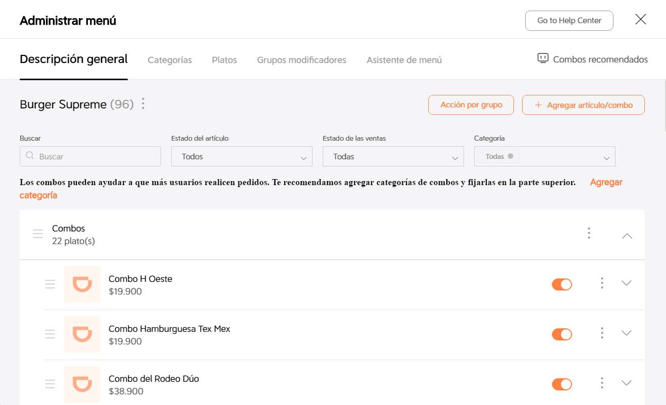 DiDi Tienda opciones de administrar menú