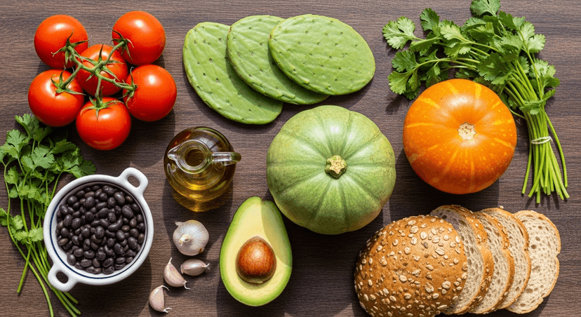 Vista aérea (flat lay) de mesa vibrante con jitomates rojos, nopales frescos, calabaza criolla, aguacate, frijoles cocidos y ramas de cilantro, acompañados de botellita de aceite de oliva y pan integral. Fondo de madera rústica mexicana, luz intensa, colores vivos. Fotografía realista estilo mercado local, transmitiendo vitalidad y frescura.