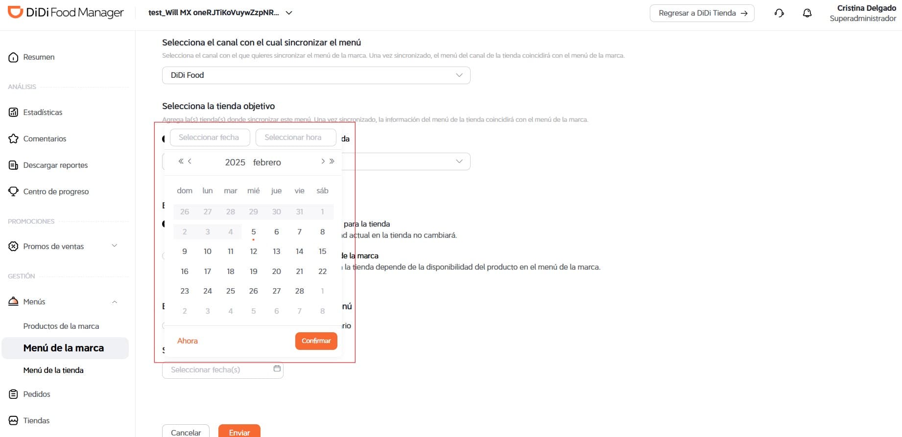 Elegir fecha y hora DiDi Food Manager