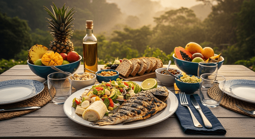 Mesa al aire libre con platos mediterráneos fusionados con ingredientes ticos: pescado fresco a la plancha, ensalada de palmito y aguacate, frutas tropicales (piña, mango, papaya), aceite de oliva y pan integral. Fondo con vegetación tropical y luz dorada del amanecer. Fotografía realista horizontal (1920×800), estilo editorial gastronómico, tonos cálidos y sensación de bienestar.
