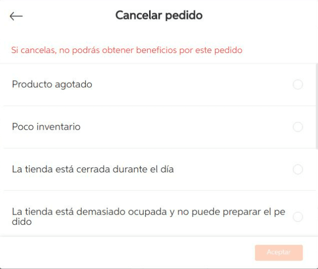 DiDi Tienda cancelar orden, lista de motivos