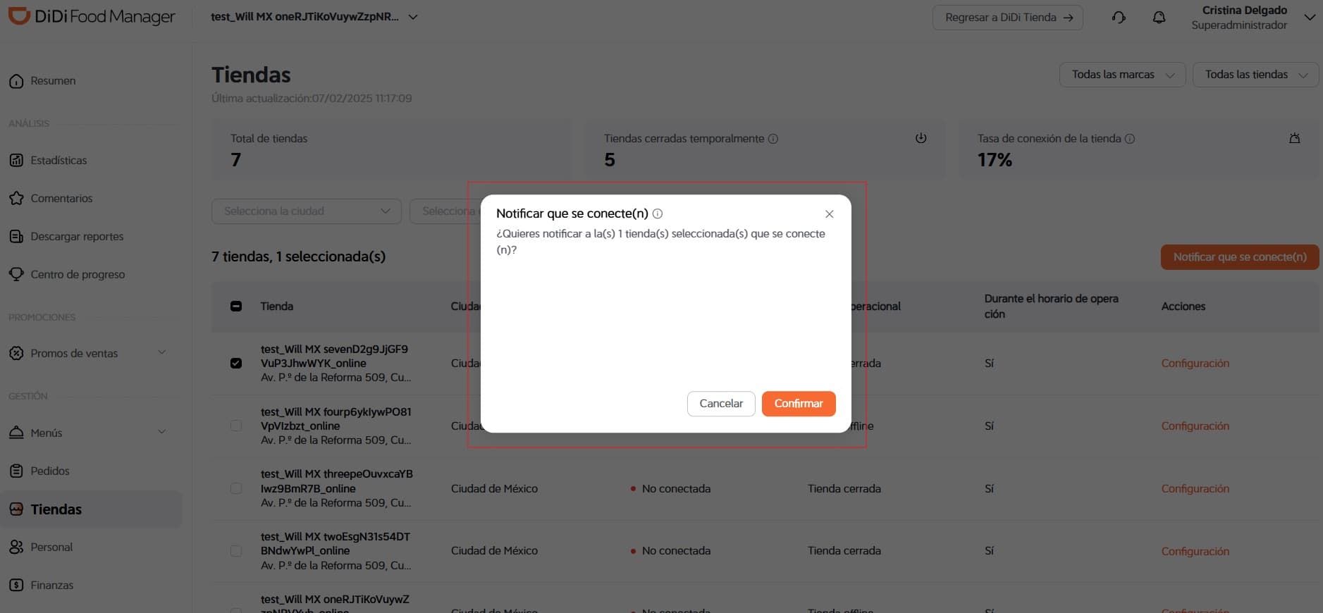 Confirmar notificación DiDi Food Manager