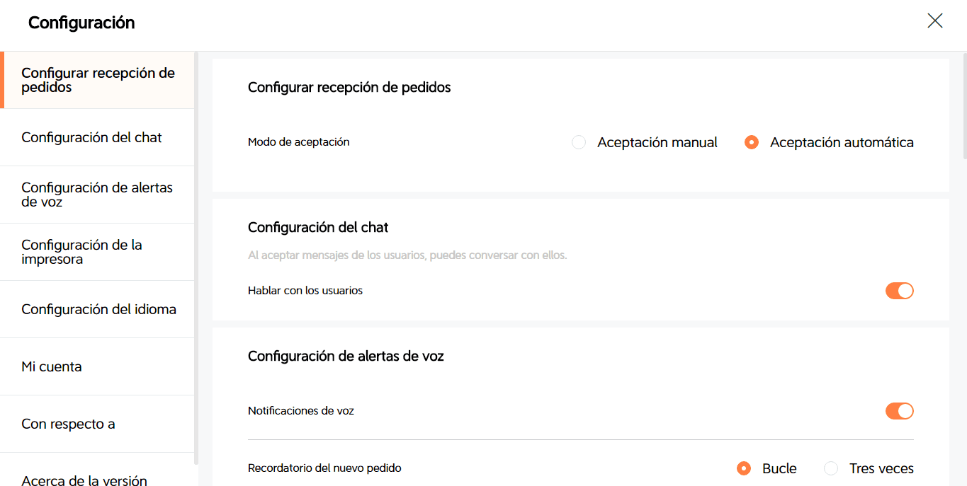 DiDi Tienda menú de configuración