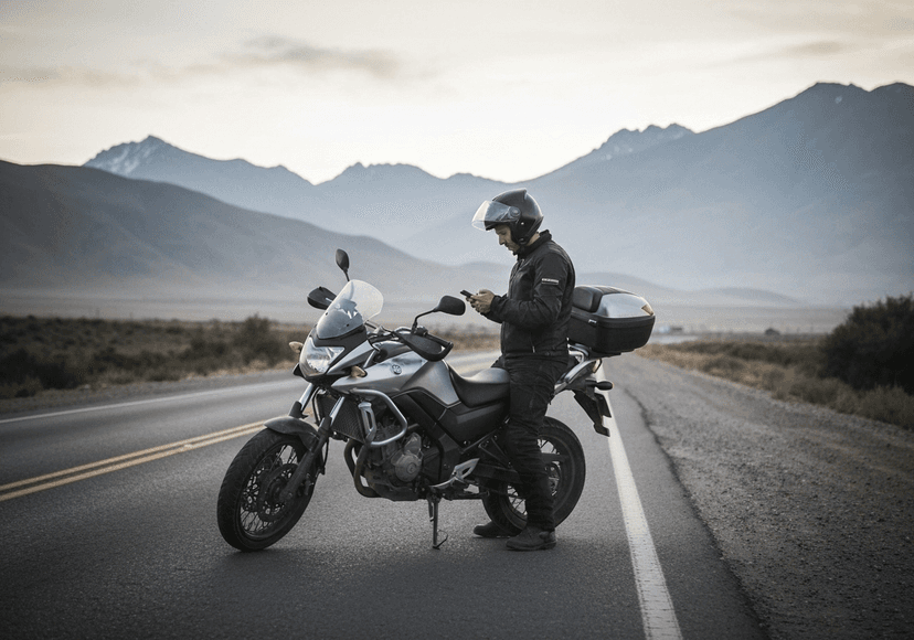 Fotografía realista de un motociclista chileno con casco puesto, de pie junto a su moto averiada en el arcén de una carretera cerca de Santiago de Chile. Se ve la moto detenida con humo leve saliendo del motor o una llanta pinchada. El hombre mira preocupado su celular o los papeles del seguro. Al fondo, los cerros de la cordillera de los Andes y señales de tránsito chilenas. Luz natural de tarde nublada, ambiente realista y tono narrativo de precaución y reflexión.