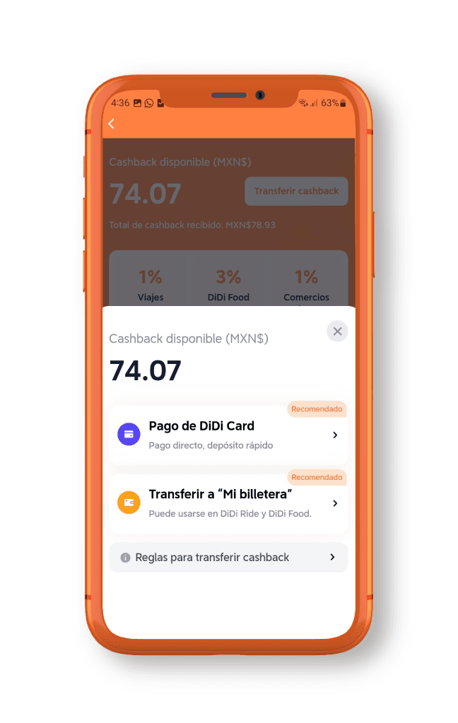 Aplicación DiDi Card opciones de Como Usar Mi Cashback
