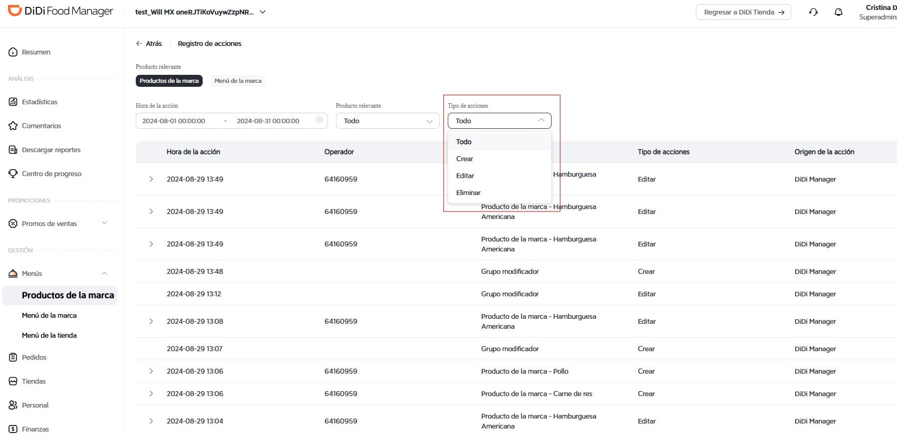 Filtrar por tipo de acciones DiDi Food Manager
