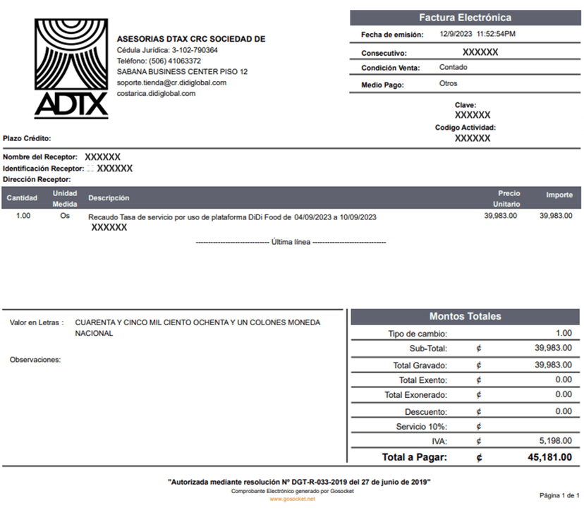 Factura servicios de plataforma cr