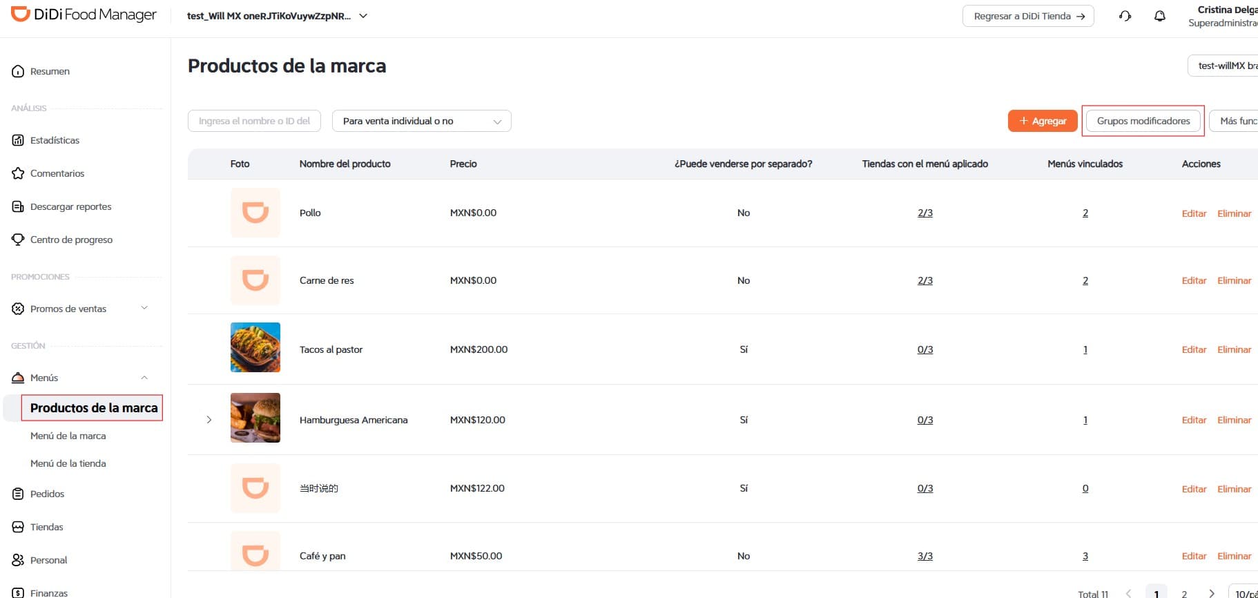 Grupos modificadores DiDi Food Manager