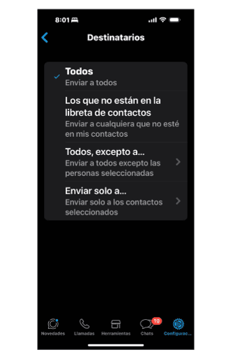 Configuración destinatarios mensaje de bienvenida