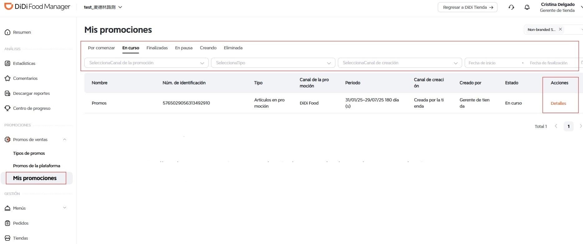 Filtrar promociones creadas DiDi Food Manager