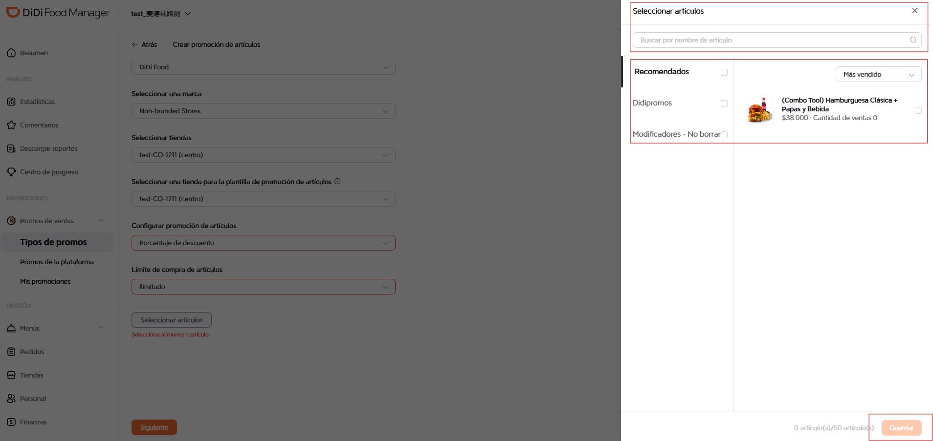 Seleccionar productos DiDi Food Manager