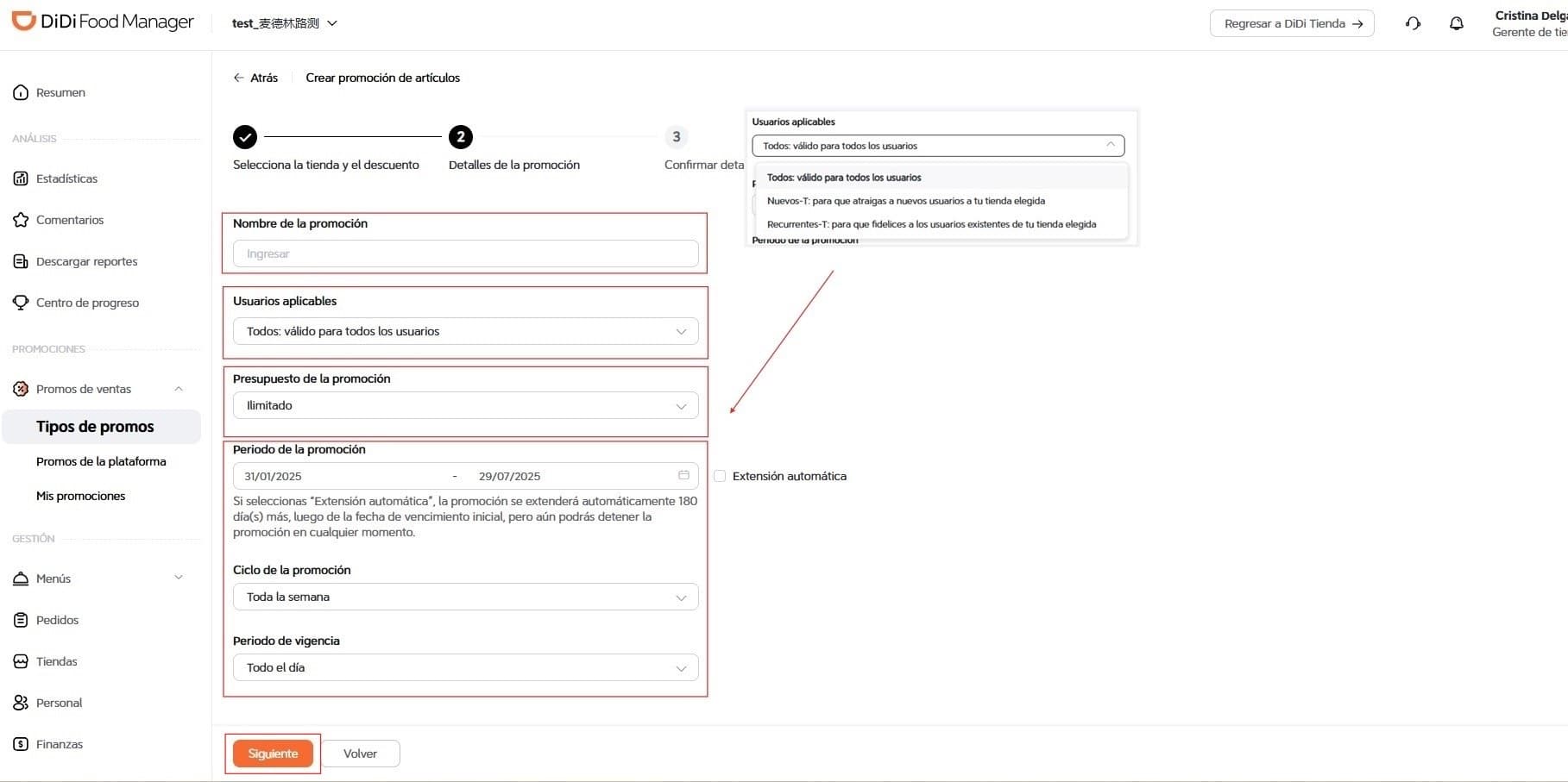 Elegir tipo de usuarios promoción DiDi Food Manager