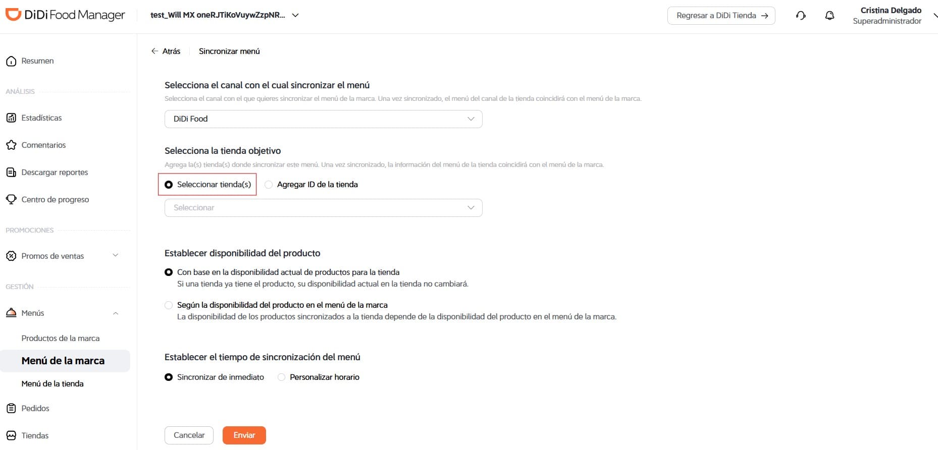 Seleccionar tiendas DiDi Food Manager