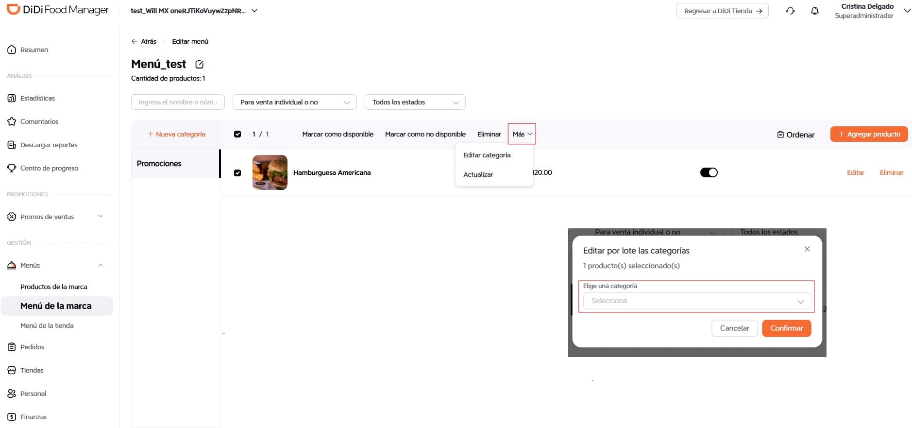Modificar categoría del platillo DiDi Food Manager