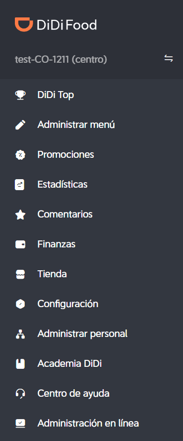 DiDi Tienda menú administrador/gerente